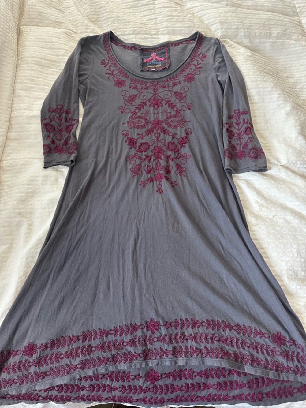 Embroidered Midi Dress in Charcoal with Plum Accents